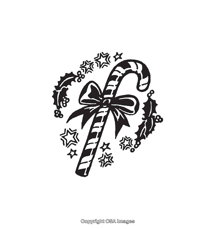 Festive Candy Cane with Bow and Holly in Monochrome Line Art