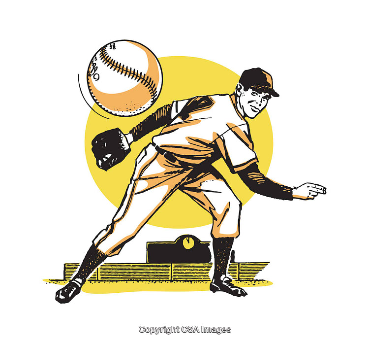 Vintage Color Illustration of a Baseball Pitcher Throwing on the Field