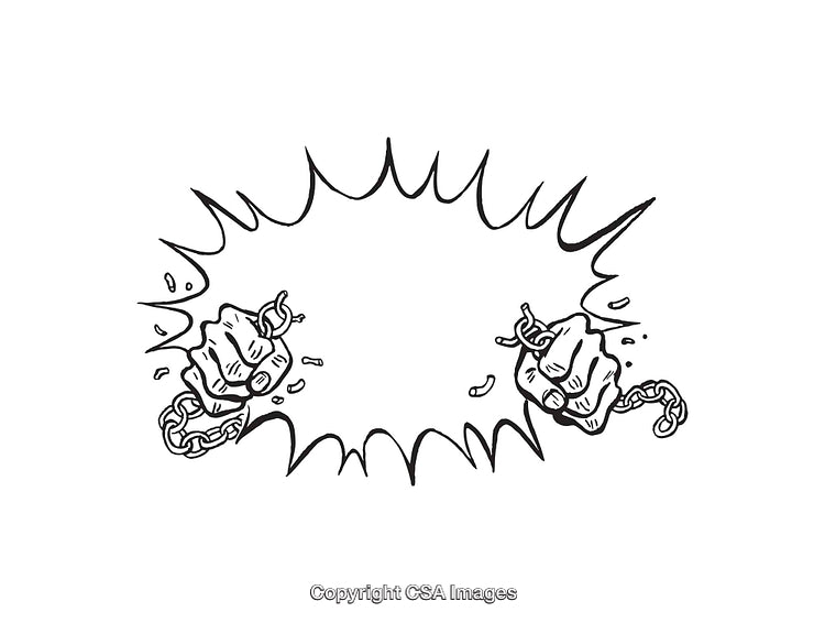 Black and White Line Art Fists Breaking Free from Chains