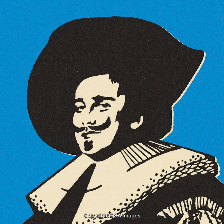 Vintage Bold Illustration of a Gentleman in Historical Attire on Blue Background