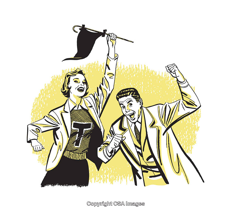 Retro Styled Illustration of Cheerful People in Victory Pose