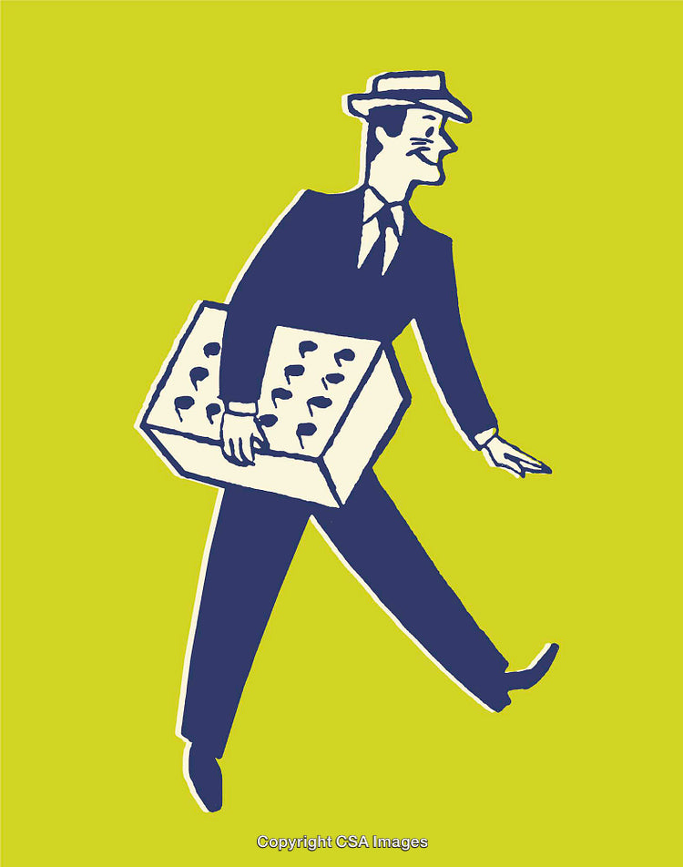 Retro Businessman Carrying a Box in Color Line Art Illustration