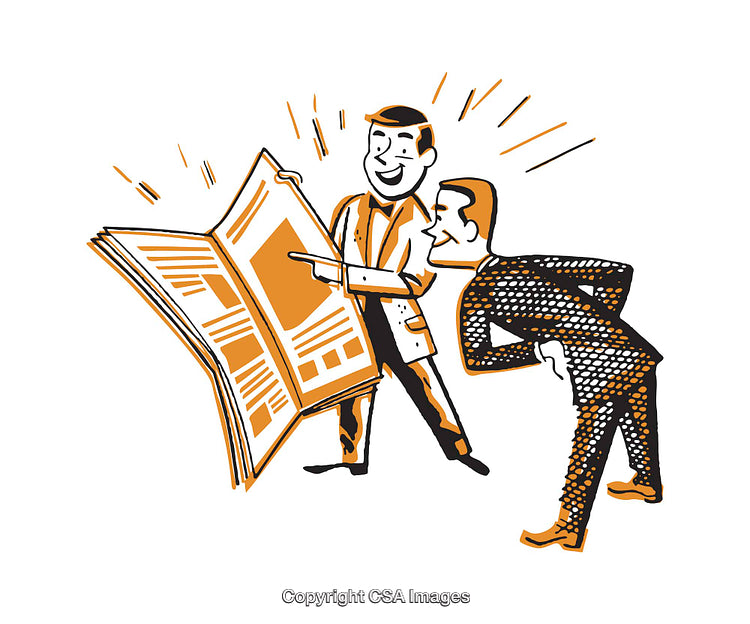 Retro-Style Illustration of Two Men Joyfully Discussing News