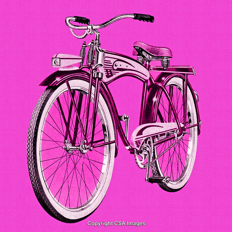 Retro Bicycle Illustration on Vibrant Pink Background with Bold Design