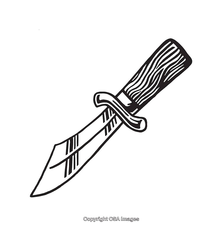Black and White Line Art Illustration of a Decorative Dagger