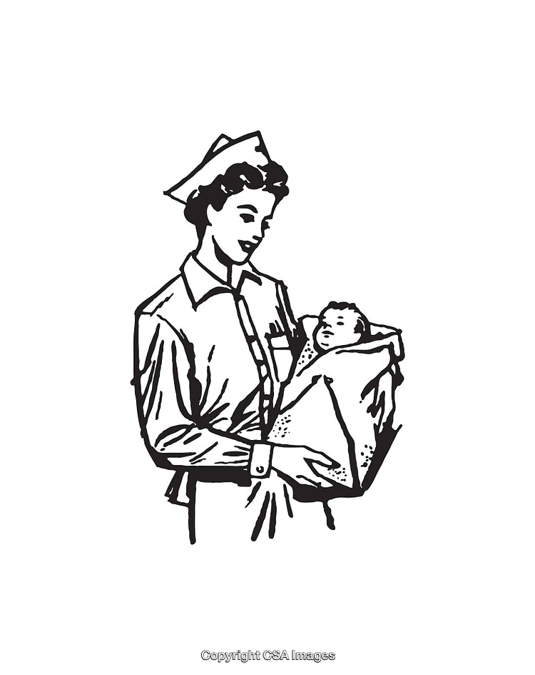 Vintage Line Art Illustration of a Nurse Holding a Swaddled Baby