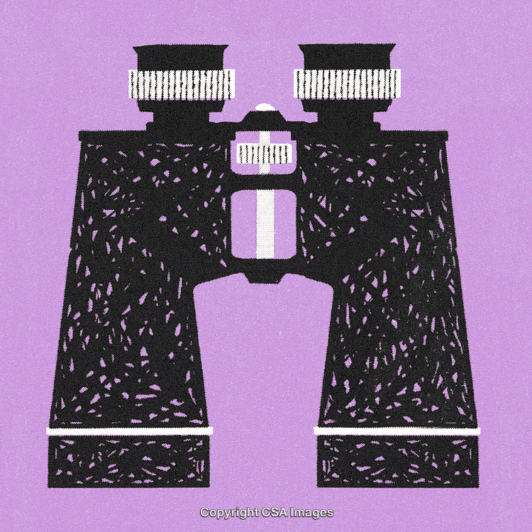 Abstract Illustration of Binoculars on Purple Background Highlighting Explorative Concepts