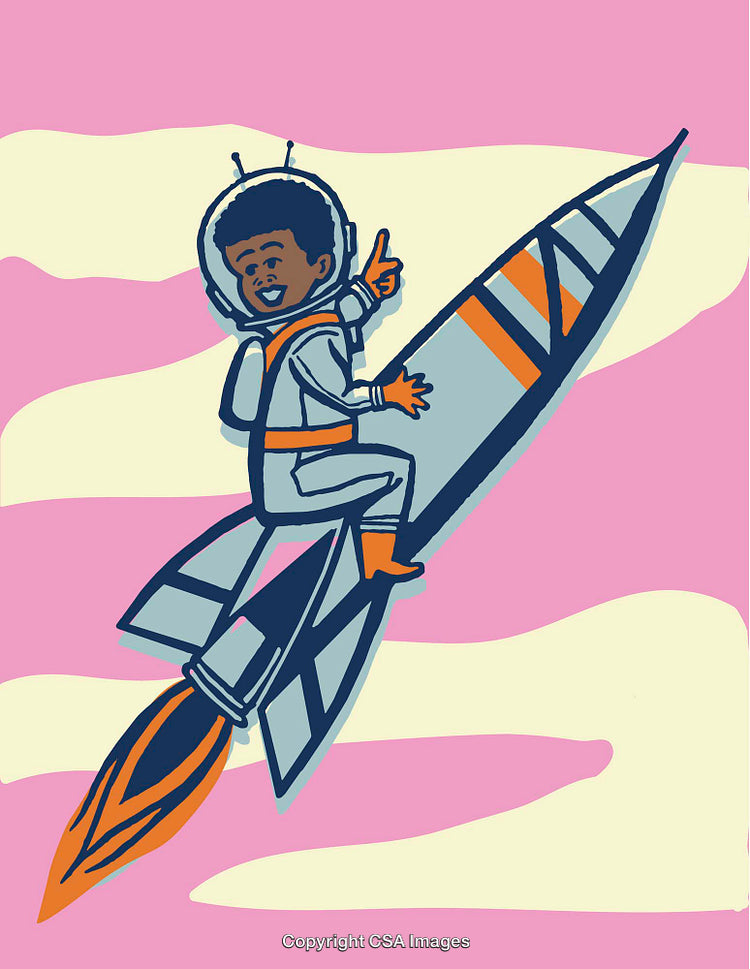 Vibrant Illustration of an Astronaut Riding a Rocket in Space