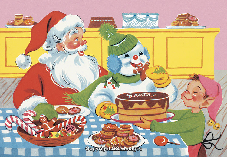 Festive Santa, Snowman, Elf, and Christmas Treats in a Cheerful Setting