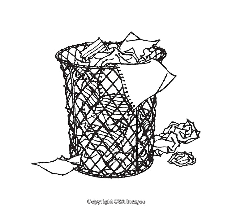 Black and White Line Art of a Trash Bin With Papers Inside
