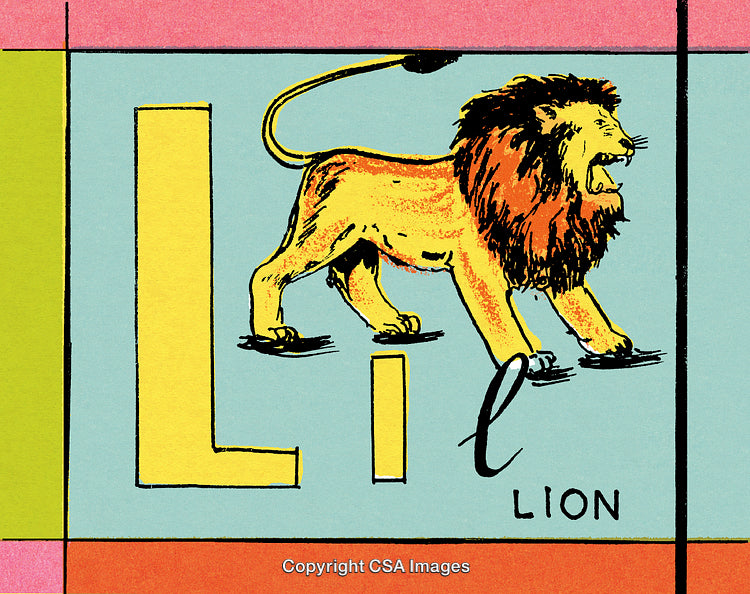 Illustrated Alphabet L Featuring a Lion in a Vintage Artistic Style