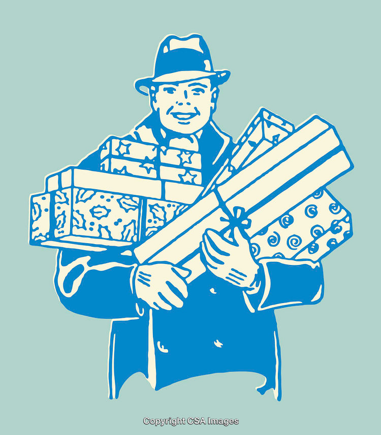 Man Carrying Holiday Gifts in Colorful Vintage Line Art Illustration