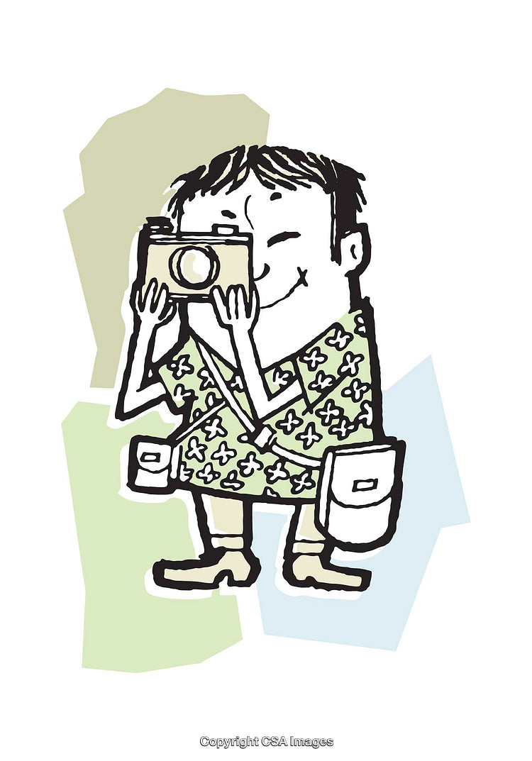 Colorful Illustration of a Traveler Using a Vintage Camera for Photography