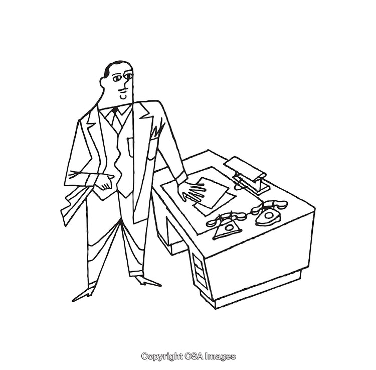 Line Art Illustration of Businessman Standing Beside Desk in Office
