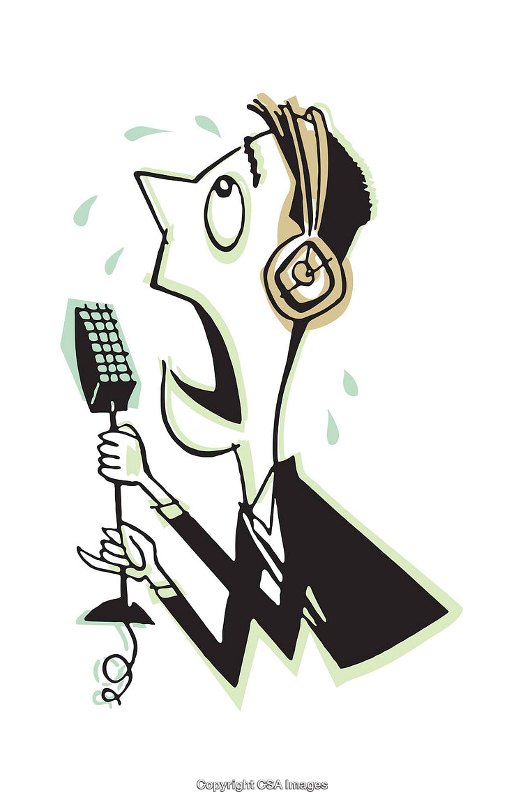 Illustration of Nervous Speaker Holding Microphone Wearing Headphones