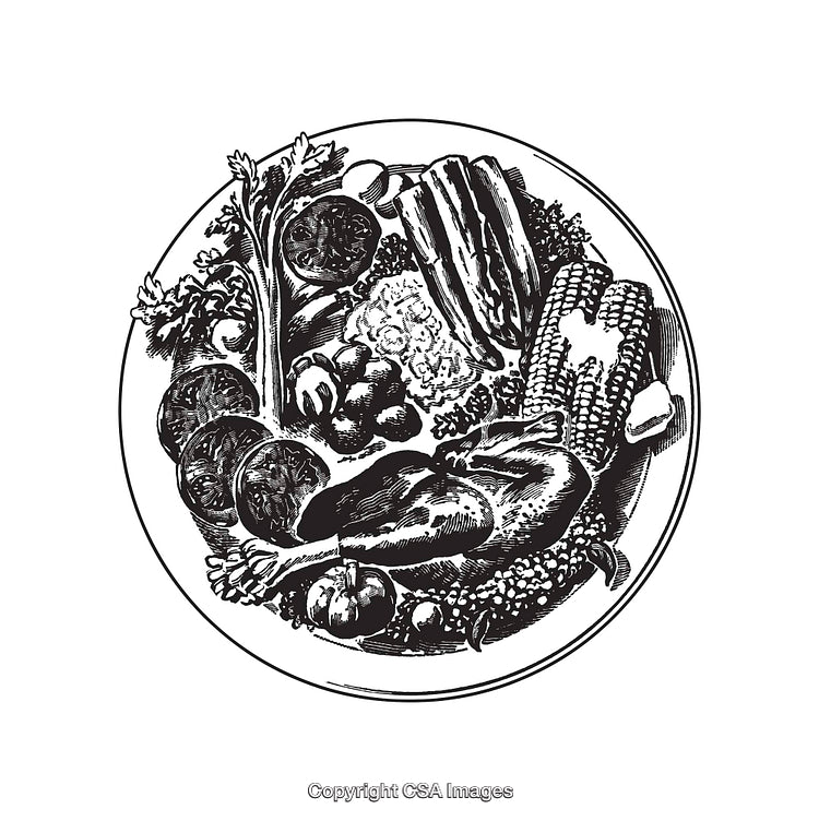 Intricate Black and White Line Drawing of a Food Plate Composition