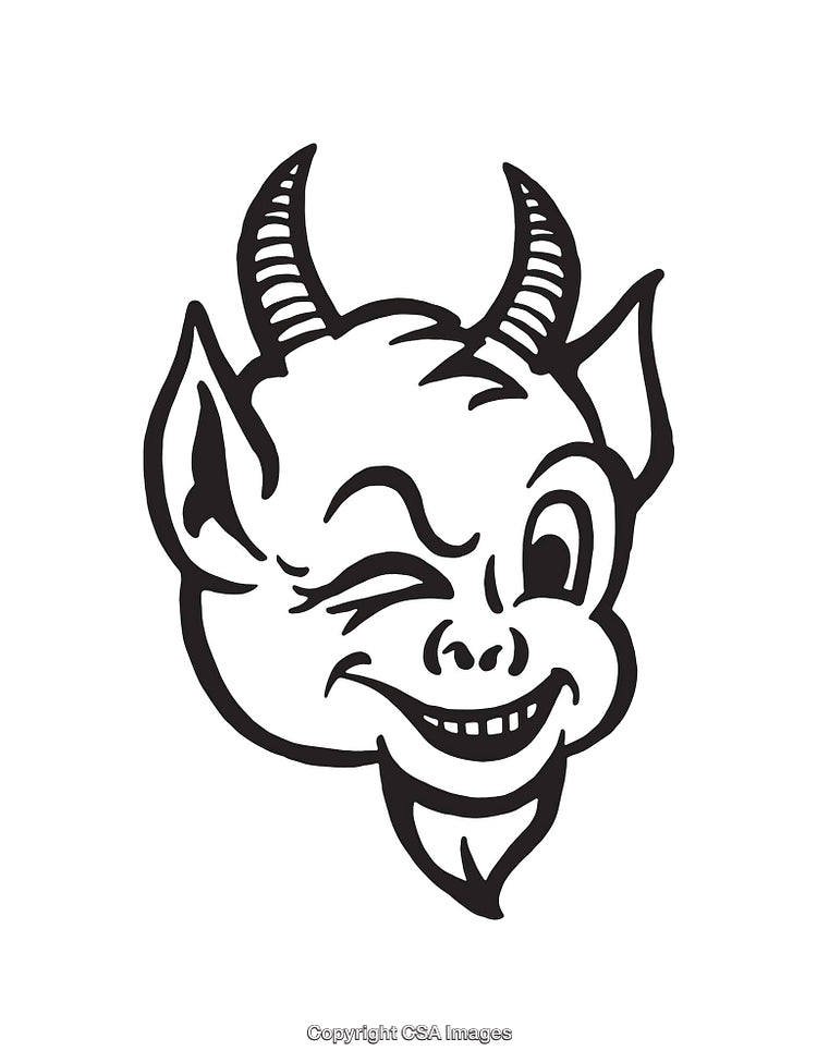 Black and White Line Art of a Smiling Mischievous Face With Horns