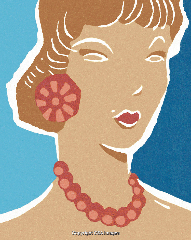 Stylized Portrait of Woman in Retro Art Style with Earrings and Necklace