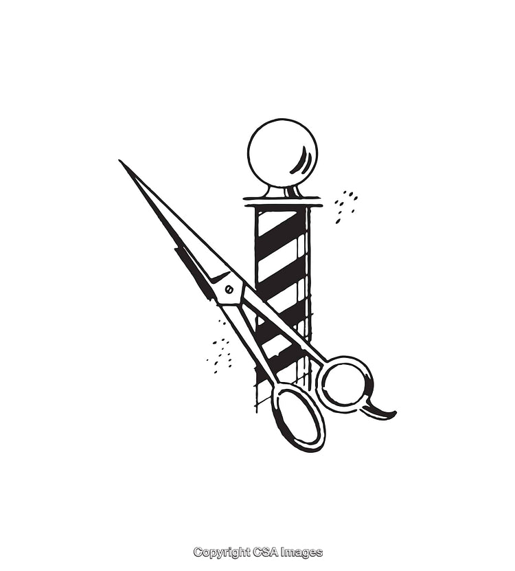 Black and White Line Art of Barber Tools and Symbolic Elements