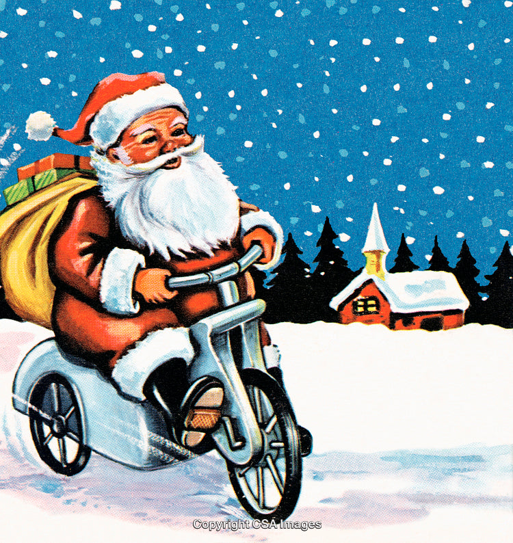 Santa Riding a Bicycle Through a Snowy Christmas Eve Landscape