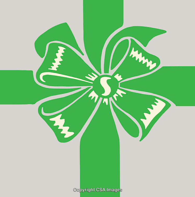 Green Ribbon Bow Illustration with Decorative Patterns on Light Background