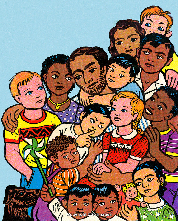 Diverse Group of Children Embracing in Harmony and Love on Blue Background