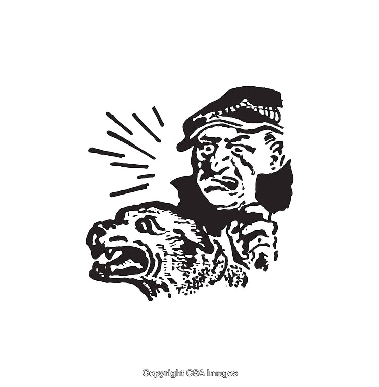 Vintage Black and White Illustration of Man with a Fierce Animal