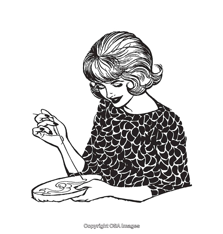 Elegant Line Art of Woman Needlecrafting in a Retro Style
