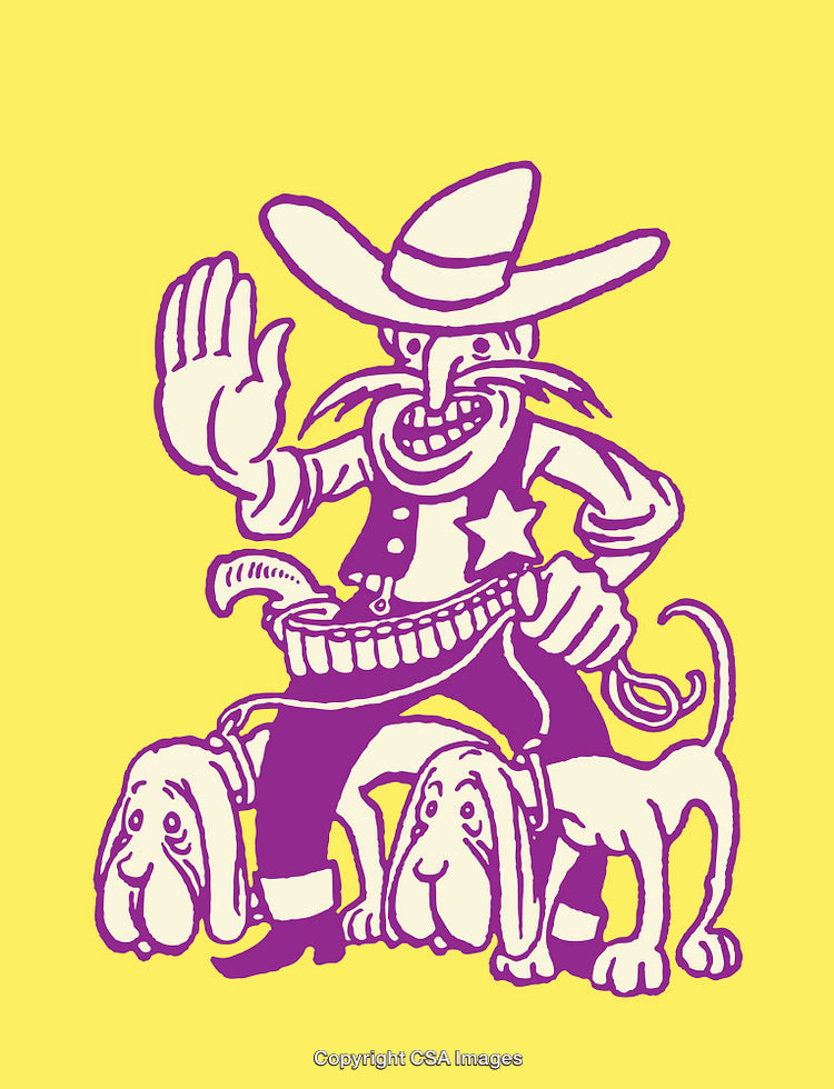 Cartoon Cowboy with Two Dogs on Bright Yellow Background