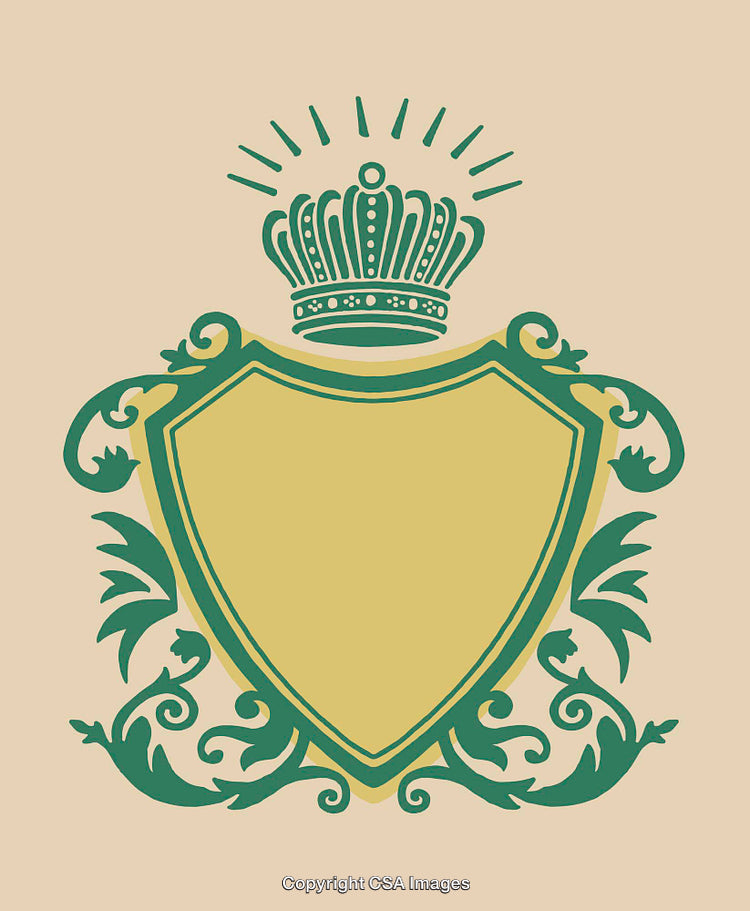 Vintage Green and Yellow Heraldic Emblem with Ornate Crown Illustration