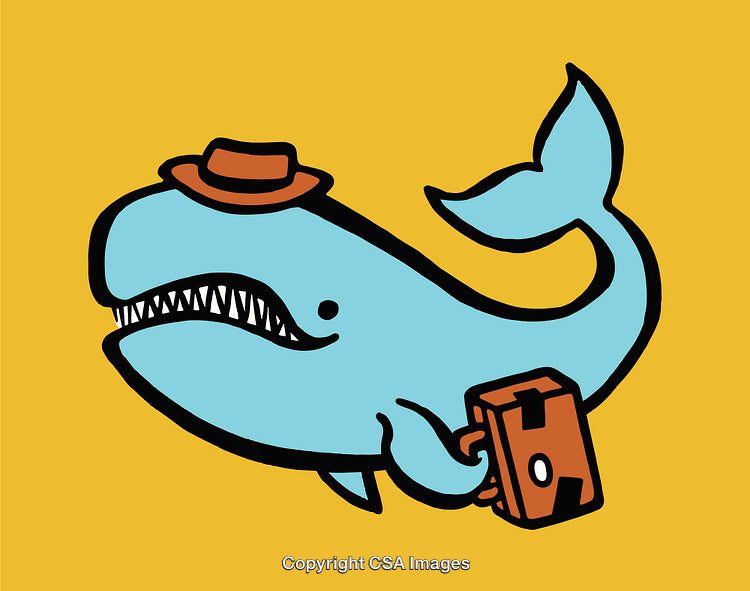 Whimsical Illustration of Cartoon Whale with Hat and Briefcase