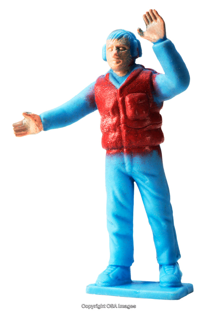 Colorful Plastic Toy Figure Posing with Raised Hands