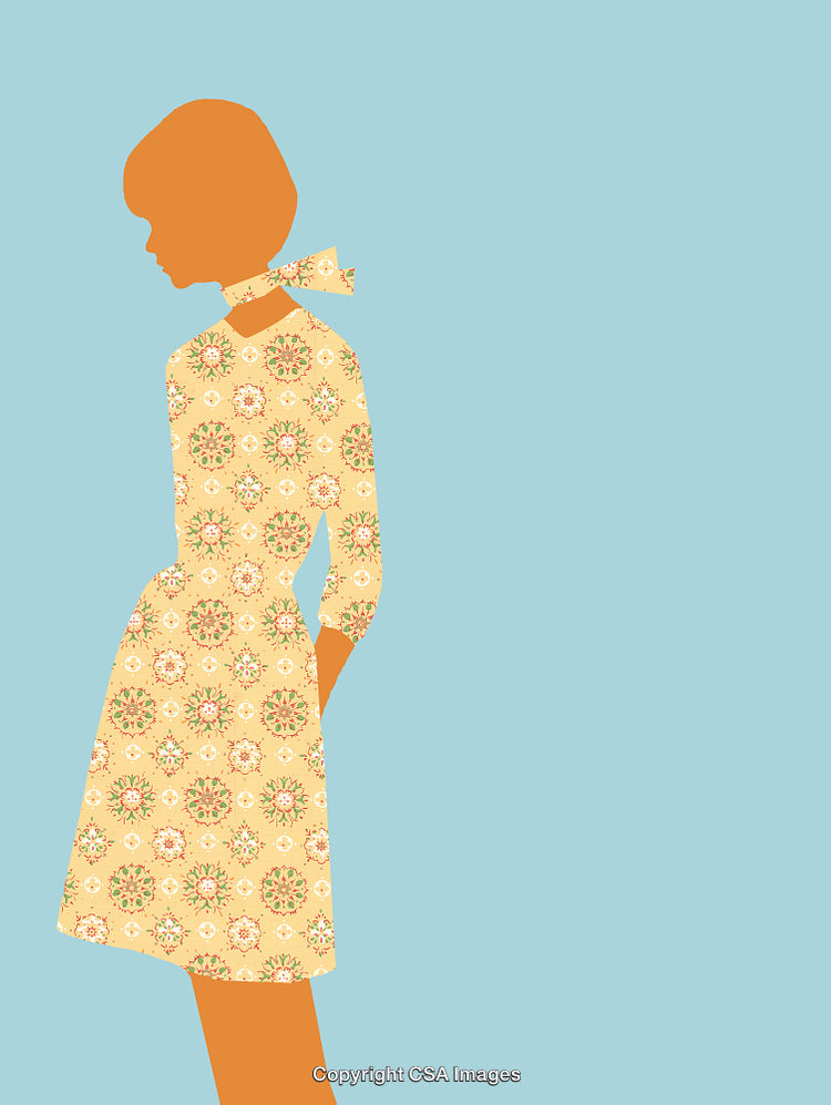 Stylized Silhouette of Woman in a Floral Patterned Dress on Blue Background