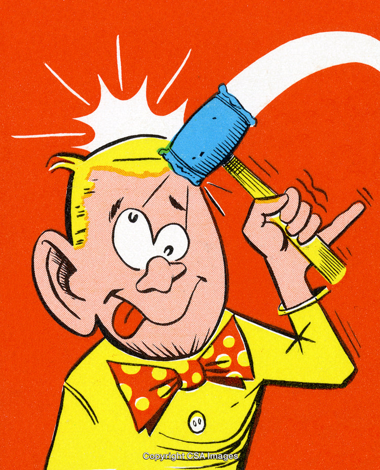 Colorful Comic Illustration of a Character with a Playful Gesture and Hammer