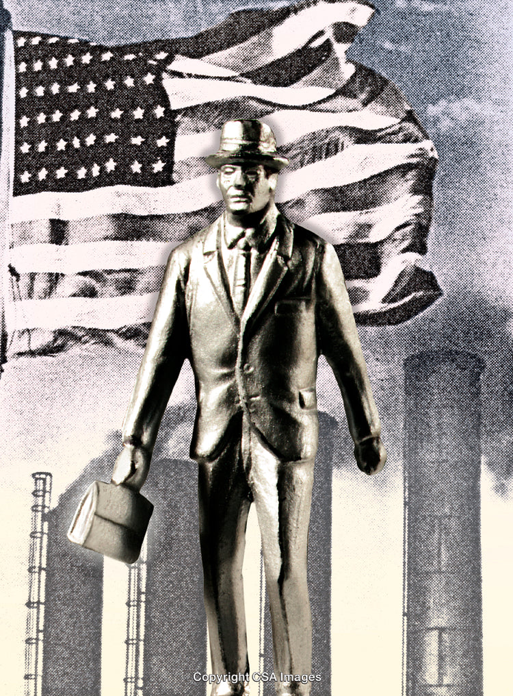 Vintage Figurine of Businessman with American Flag and Industrial Background