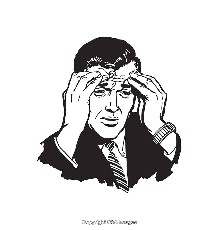 Vintage Line Art Illustration of a Stressed Businessman Holding His Head