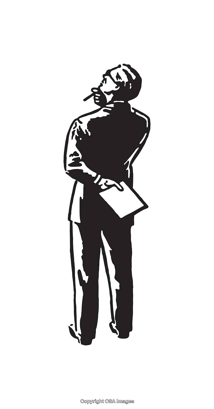 Black and White Illustration of a Reflective Businessman Holding Documents