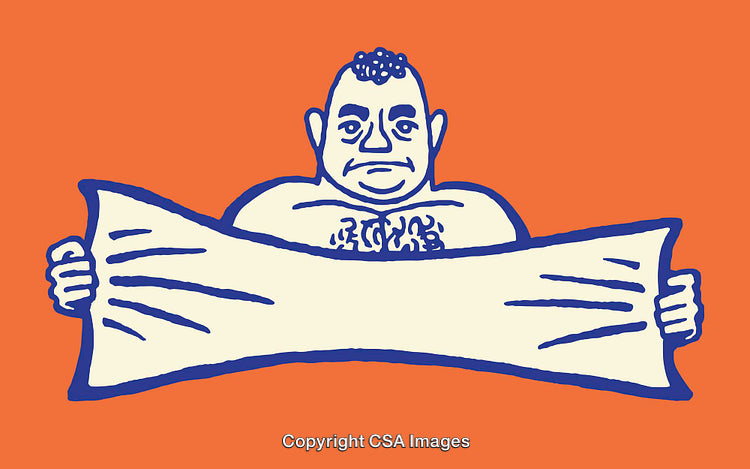 Illustration of a Cartoon Man Holding a Stretched Banner on Orange Background