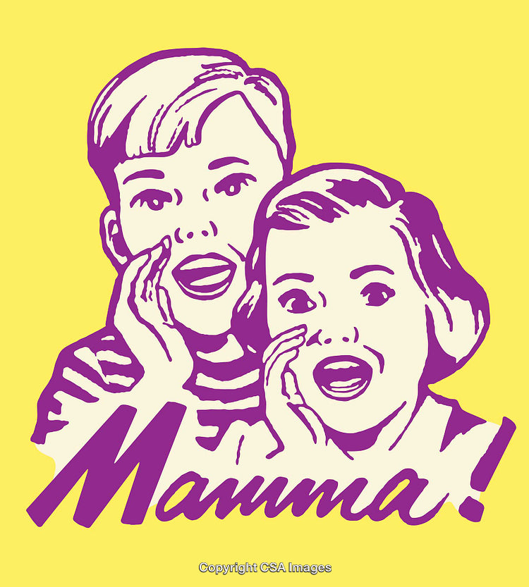 Colorful Retro-Style Illustration of Two Children Shouting for Their Mother