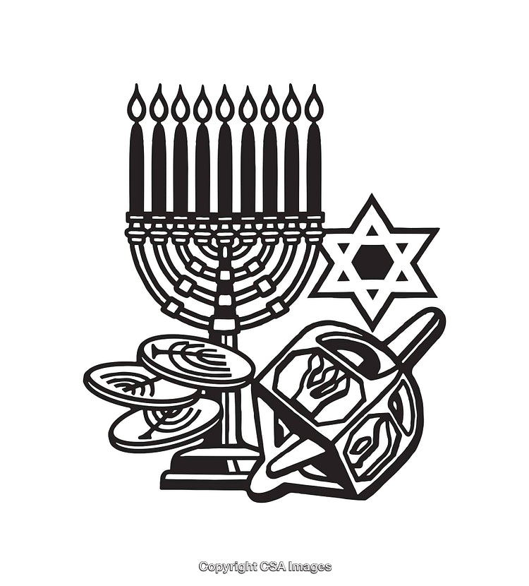 Black and White Hanukkah Symbols Featuring Menorah and Dreidel