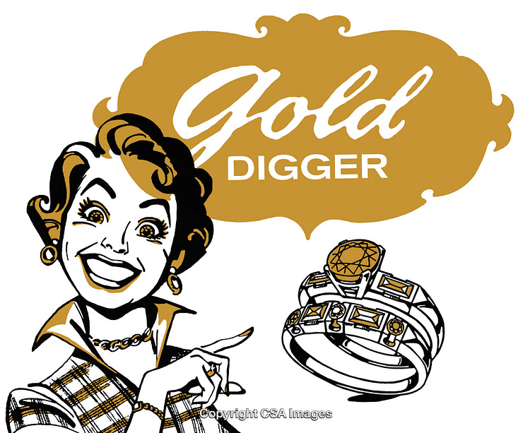 Retro Style Illustration Highlighting Gold Digging Humor and Engagement Rings