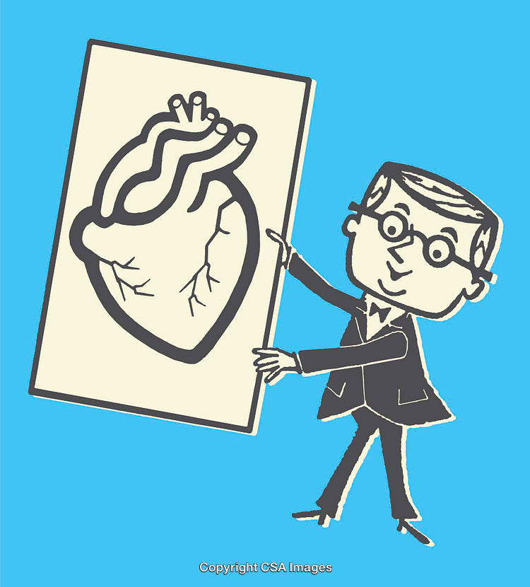 Cartoon Illustration of Professor Presenting Heart Diagram on Blue Background