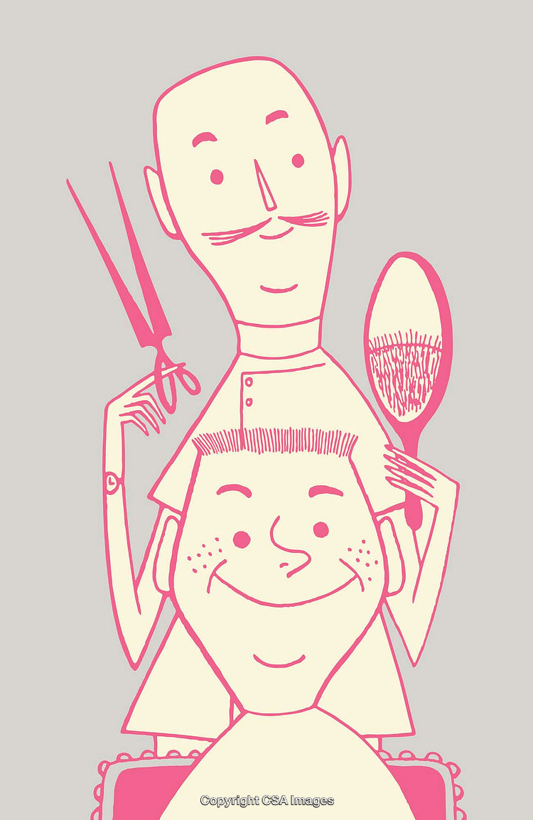 Barber Performing Haircut with Scissors and Comb in Cartoon Line Art Style