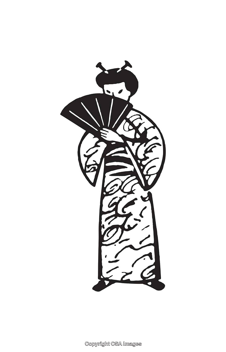 Elegant Black and White Line Art of a Geisha with Fan