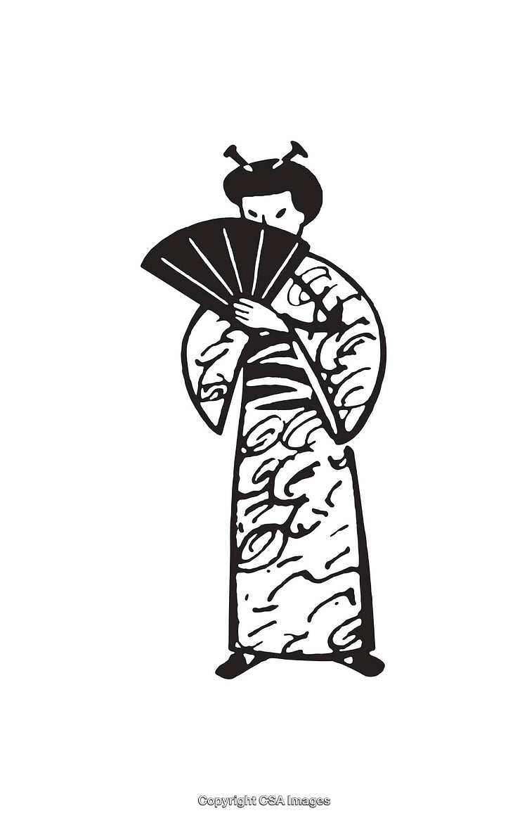 Elegant Black and White Line Art of a Geisha with Fan