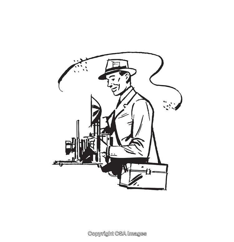 Black and White Illustration of a Photographer Operating a Vintage Camera