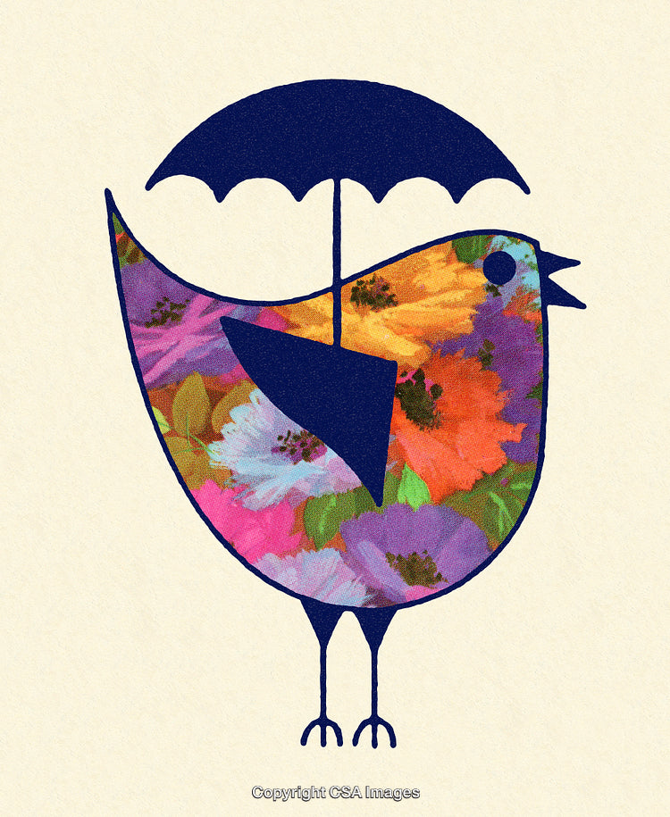 Colorful Bird Artwork Featuring Floral Patterns and an Umbrella Overhead