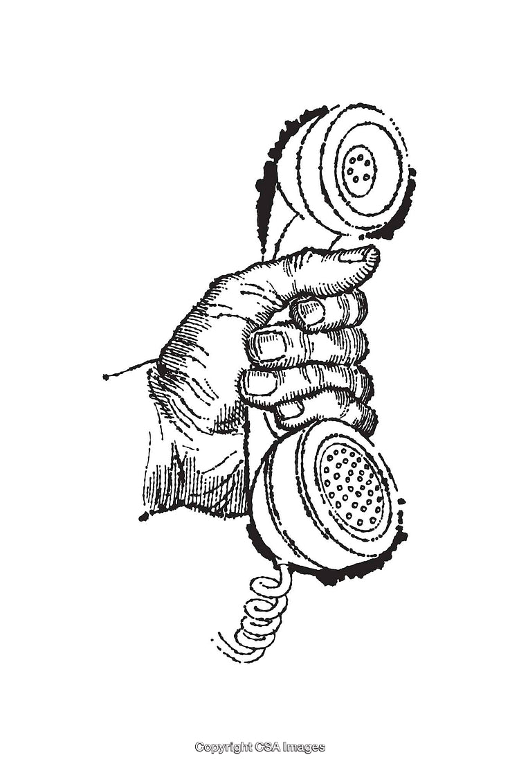 Vintage Hand Holding a Classic Telephone Line Art Illustration