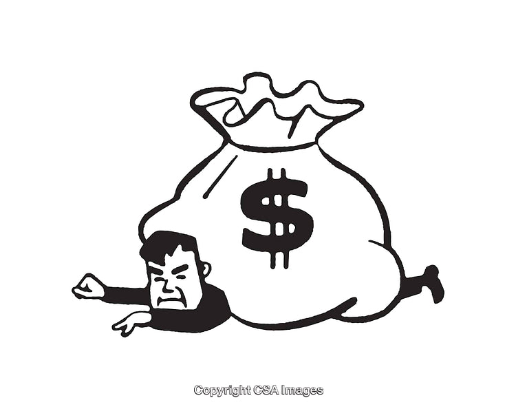 Cartoon Illustration of Person Struggling Under Large Money Bag