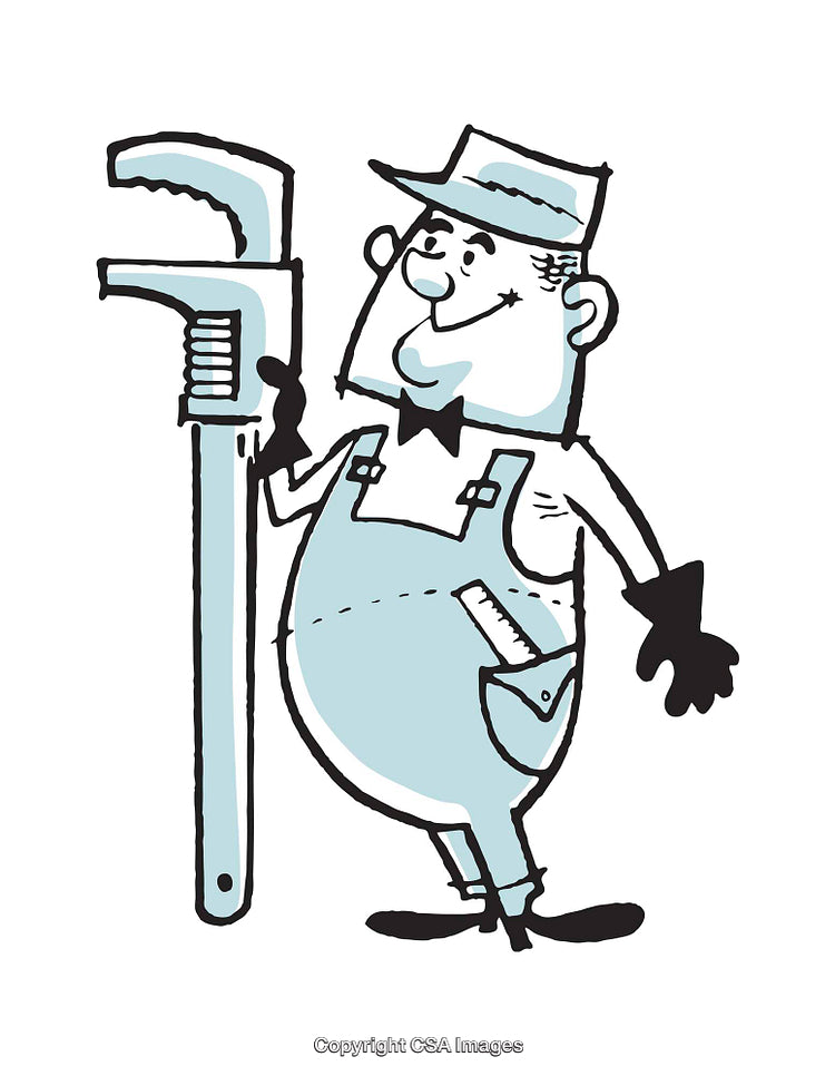 Cartoon Plumber Character Holding a Large Wrench in a Cheerful Pose